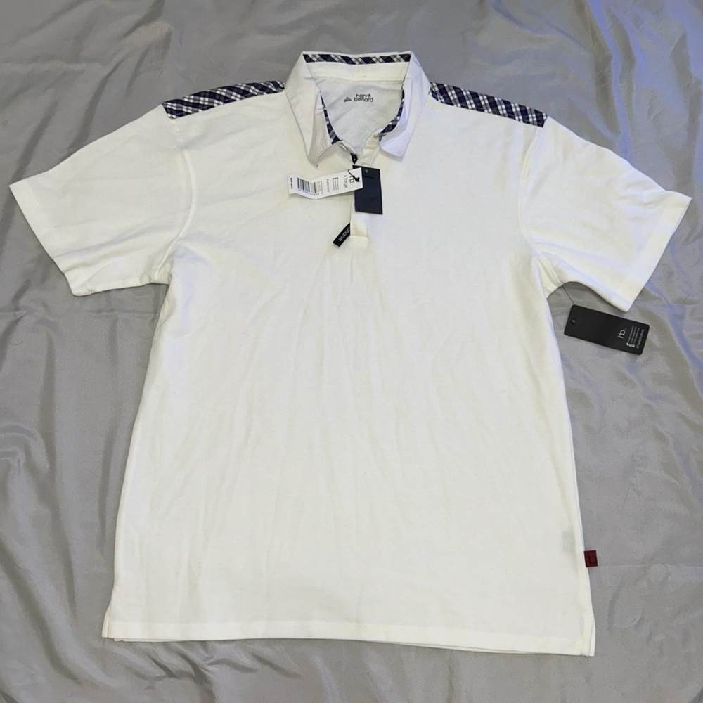 Harvé Benard Men’s XL Polo Shirt White with Plaid Accents NWT